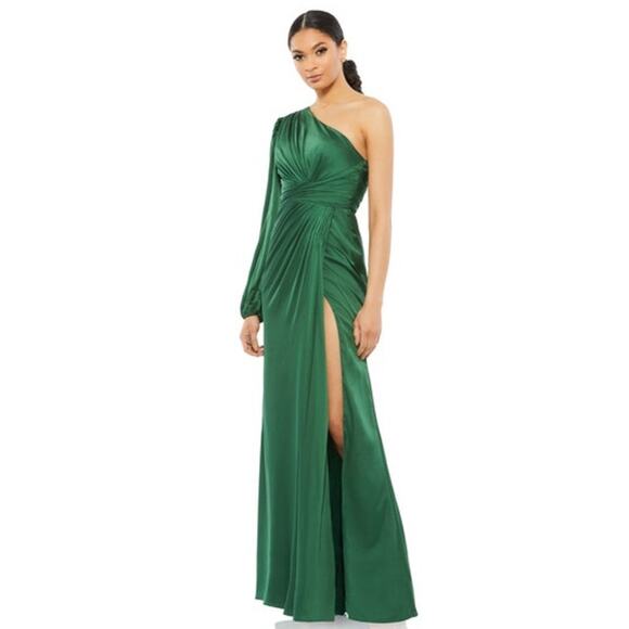 MAC DUGGAL Dress Size 0 Evening Gown NEW Emerald Green One Shoulder Wrap Slit - Picture 1 of 7